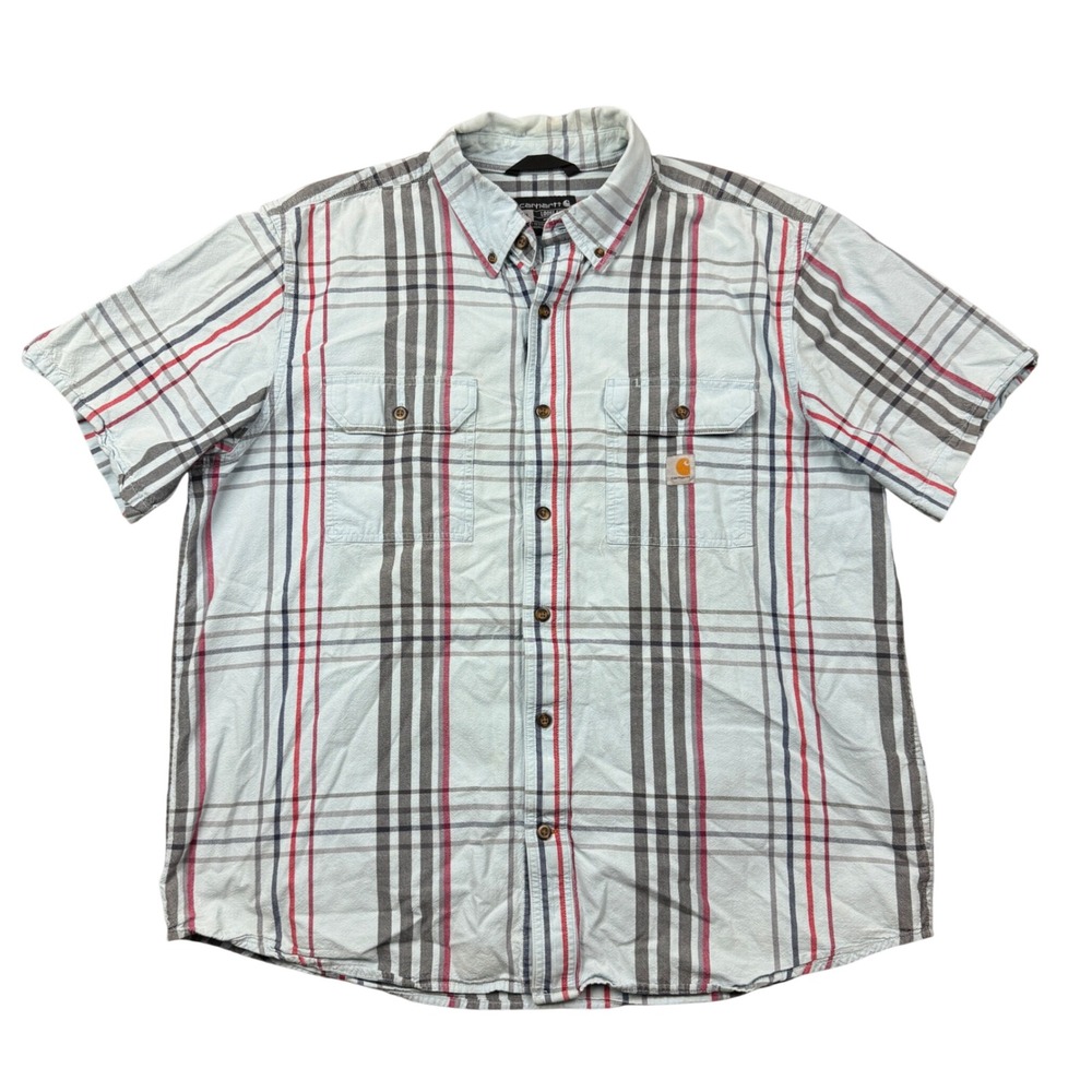 Carhartt Mens XL Loose Fit Plaid Short Sleeve Button Down Shirt Blue Workwear